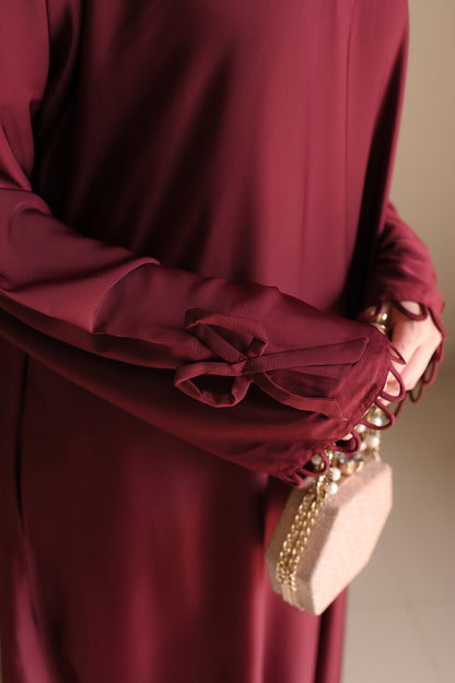 Elysian Bow Sleeve Nida Abaya- Deep Maroon