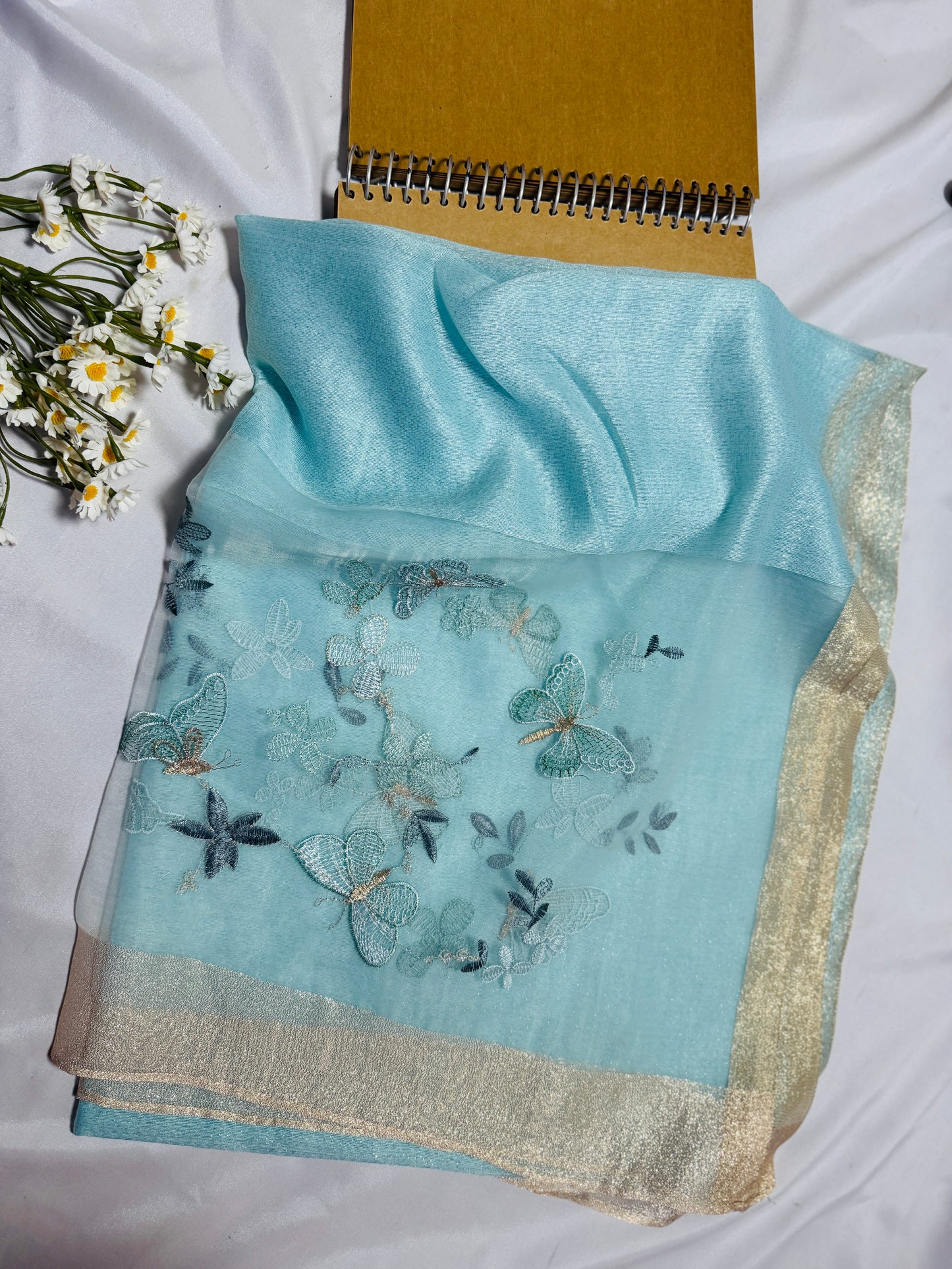 Butterfly Embroidered Organza- Luxury Hijabs- Ice Blue