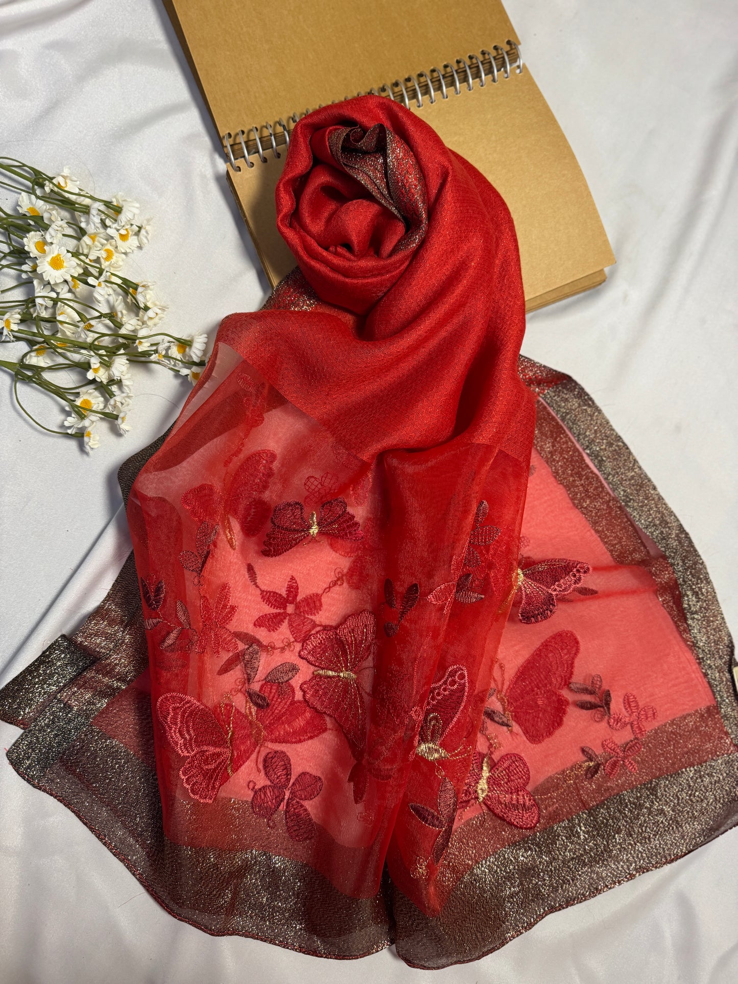 Butterfly Embroidered Organza- Luxury Hijabs- Red
