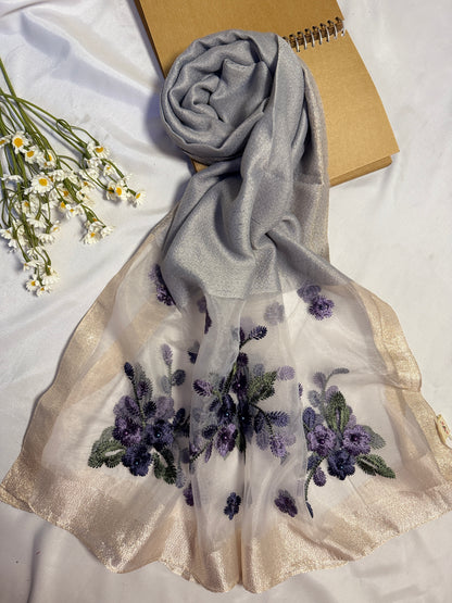 Pearl Floral Embroidered Organza- Luxury Hijabs- Silver