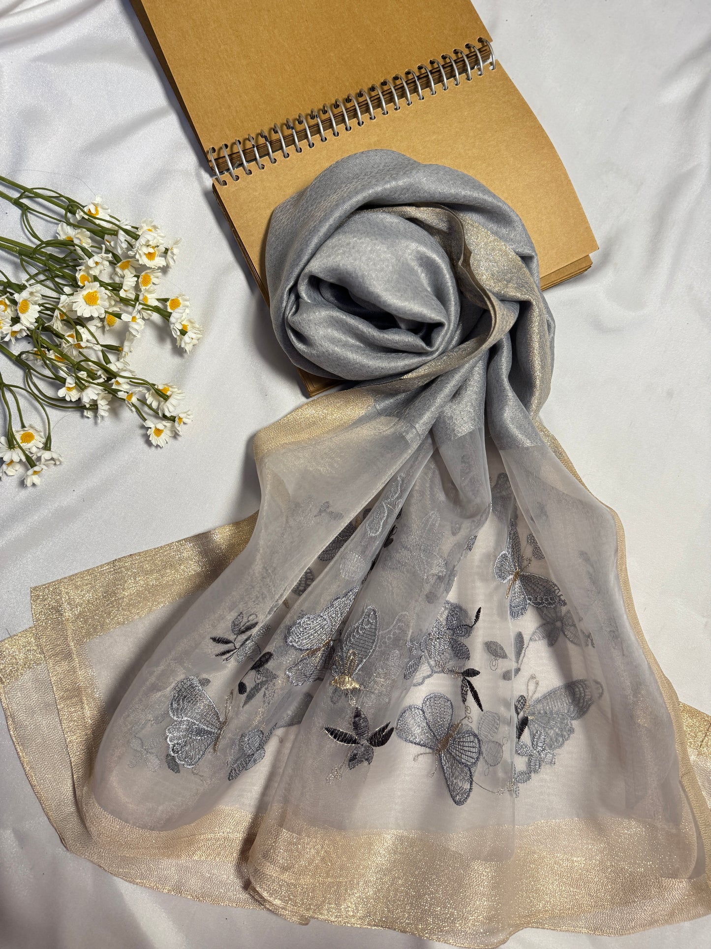 Butterfly Embroidered Organza- Luxury Hijabs- Silver