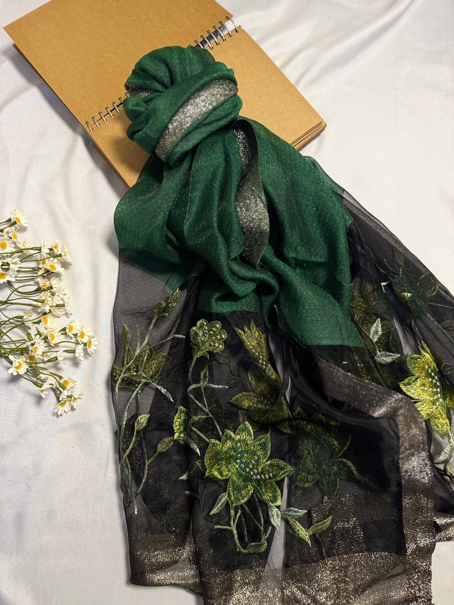 Lilies Embroidered Organza- Luxury Hijabs- Dark Green