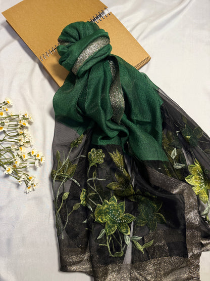 Lilies Embroidered Organza- Luxury Hijabs- Dark Green