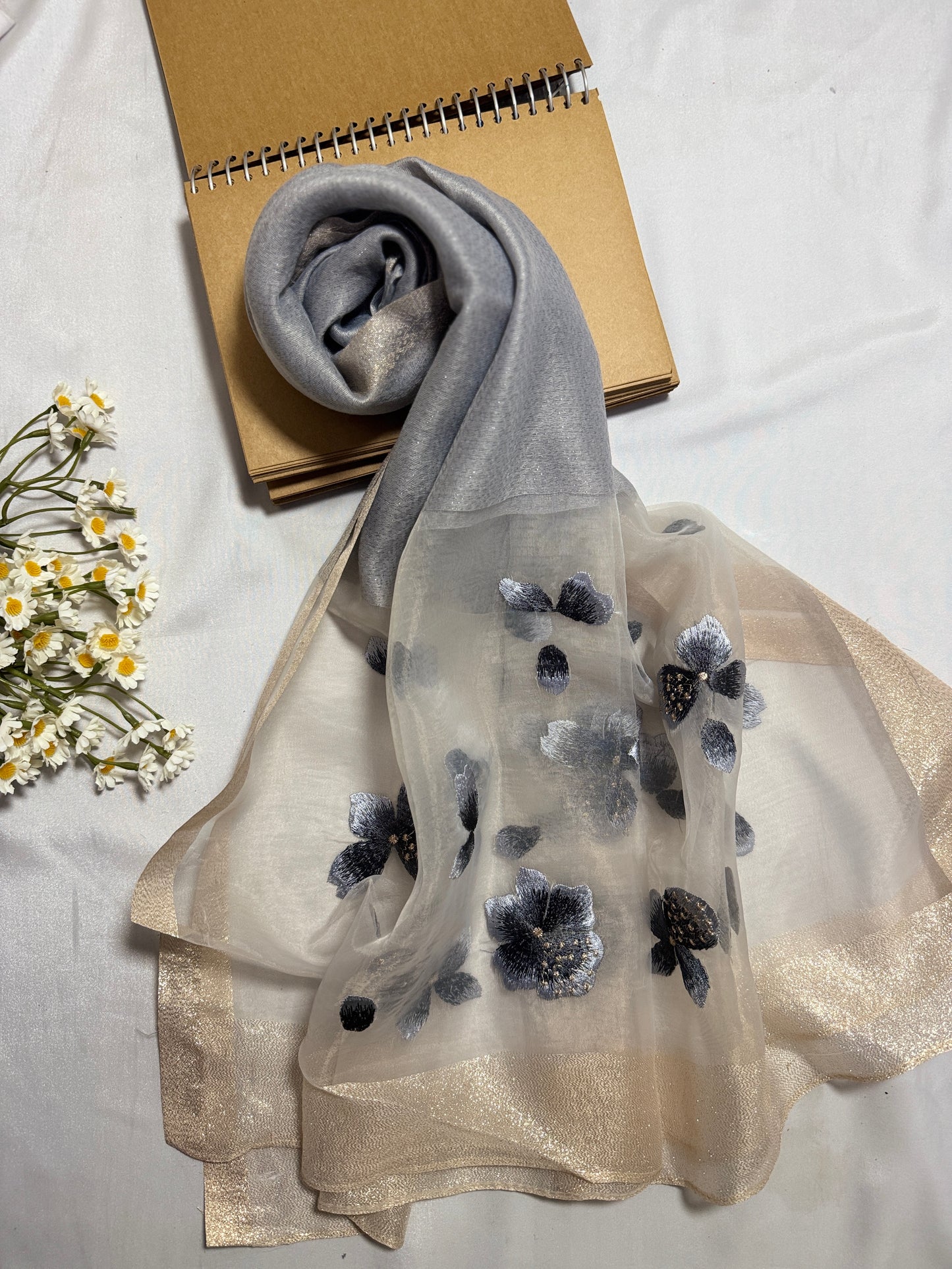 Poppy Flower Embroidered Organza- Luxury Hijabs- Silver