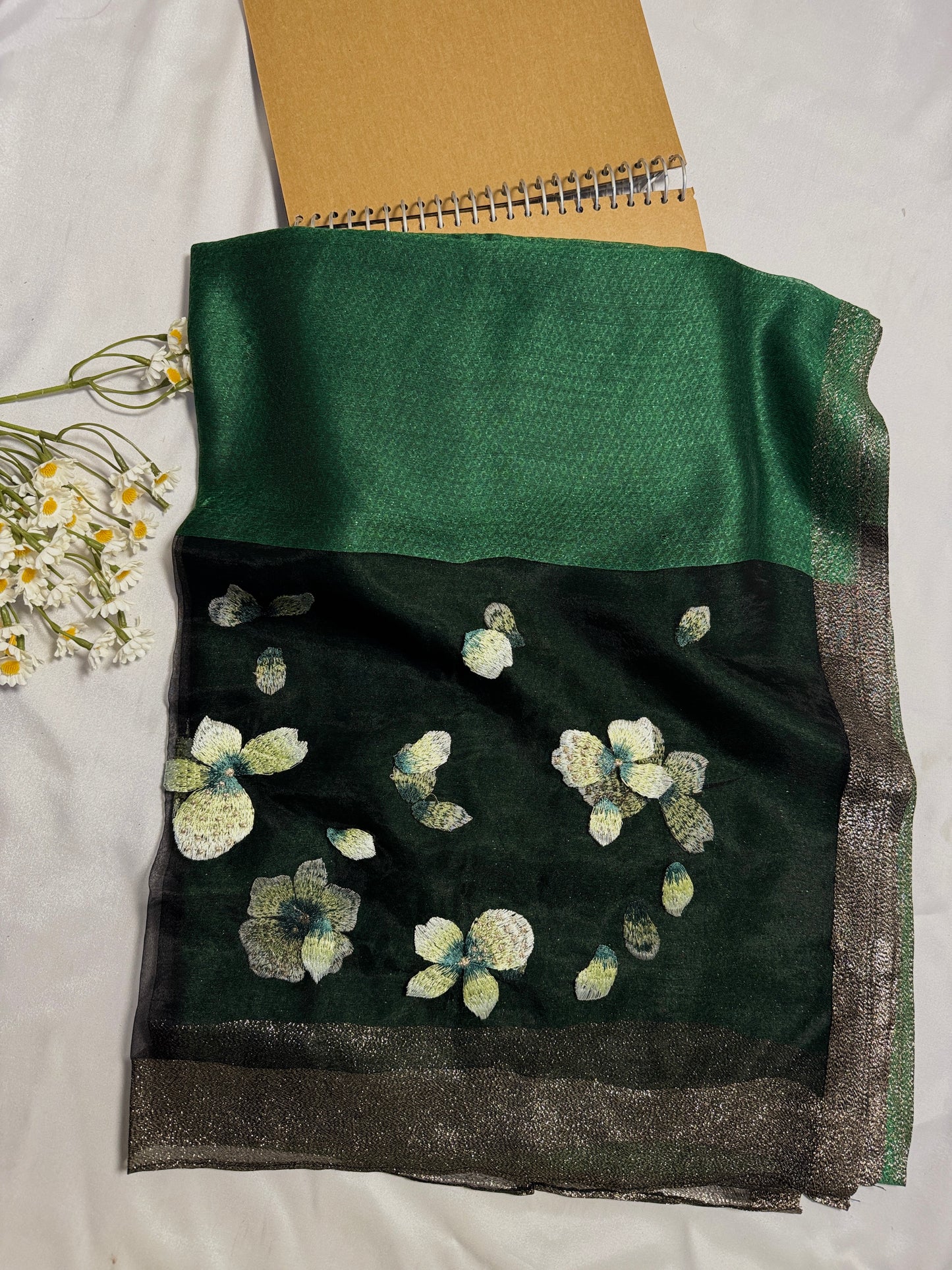 Poppy Flower Embroidered Organza- Luxury Hijabs- Black Green