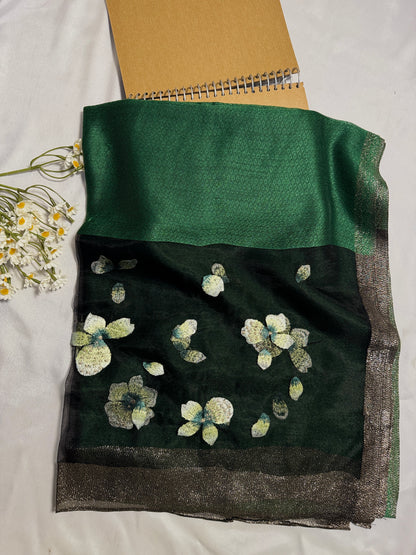 Poppy Flower Embroidered Organza- Luxury Hijabs- Black Green