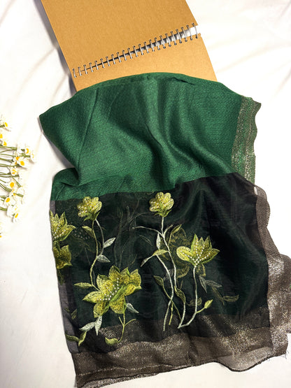 Lilies Embroidered Organza- Luxury Hijabs- Dark Green