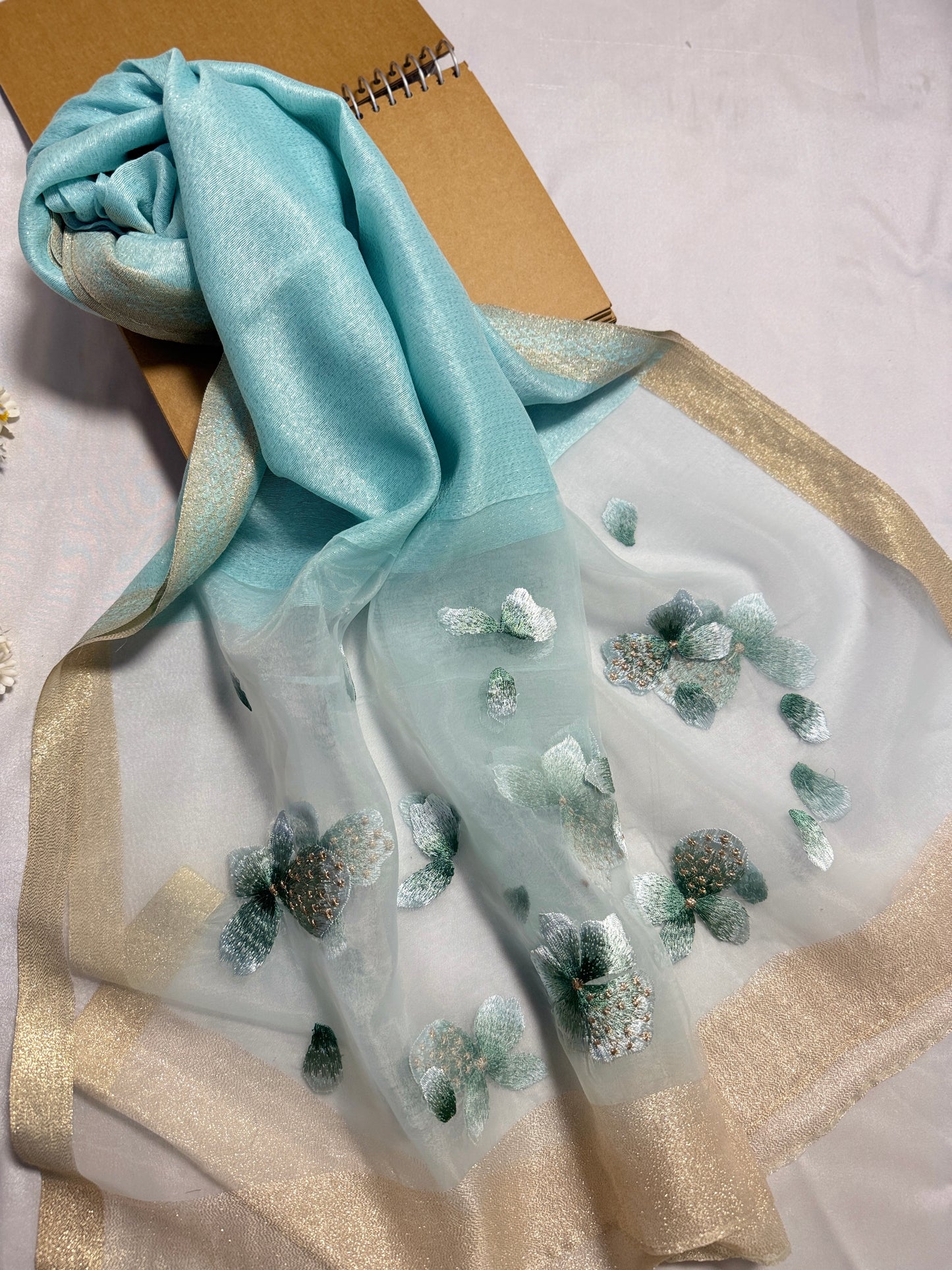Poppy Flower Embroidered Organza- Luxury Hijabs- Ice Blue