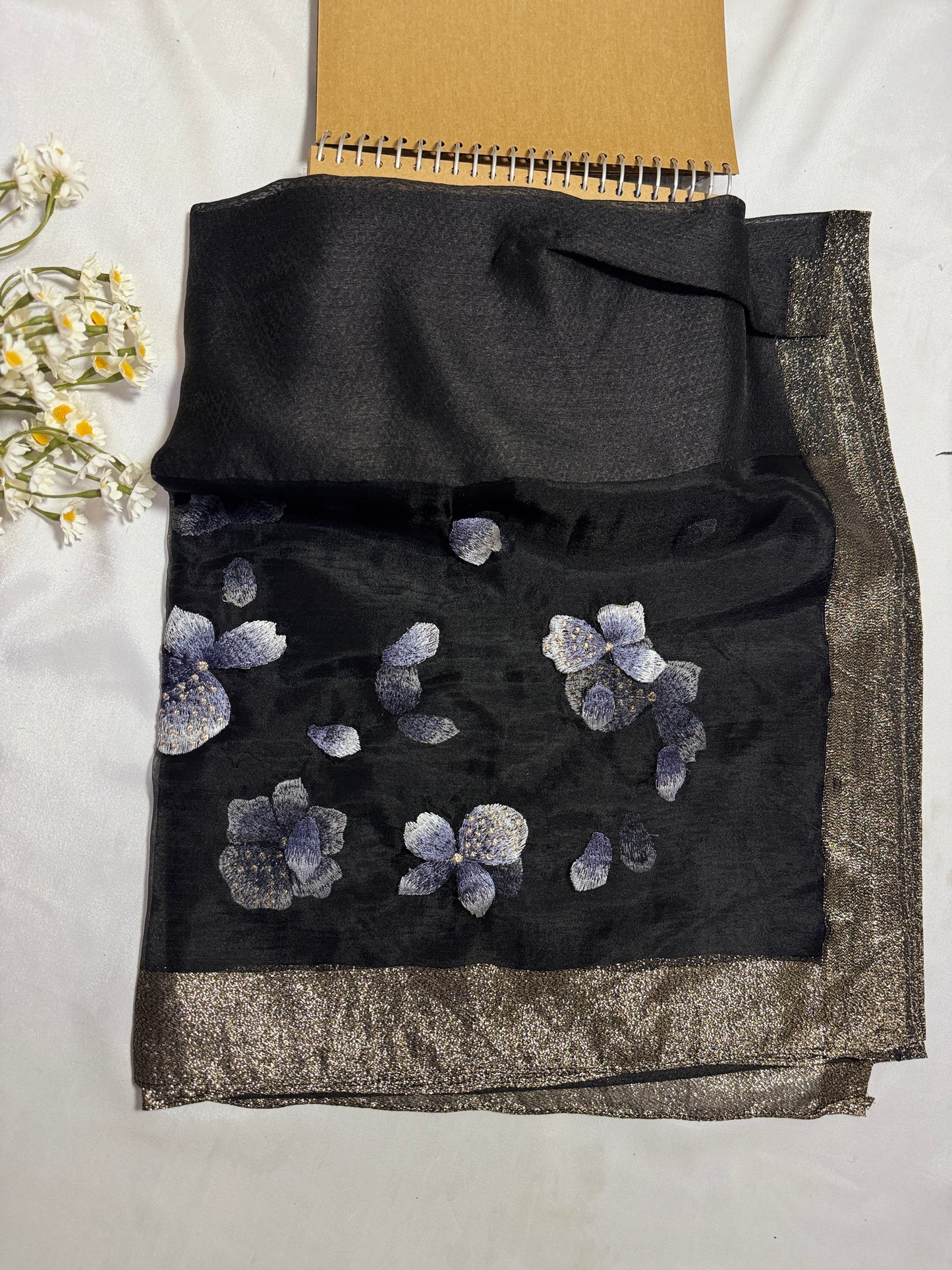 Poppy Flower Embroidered Organza- Luxury Hijabs- Black