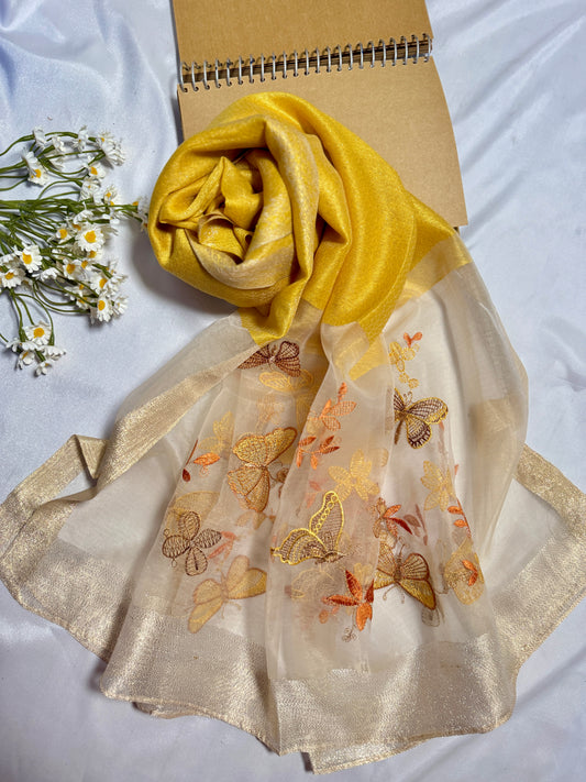 Butterfly Embroidered Organza- Luxury Hijabs- Mustard Yellow