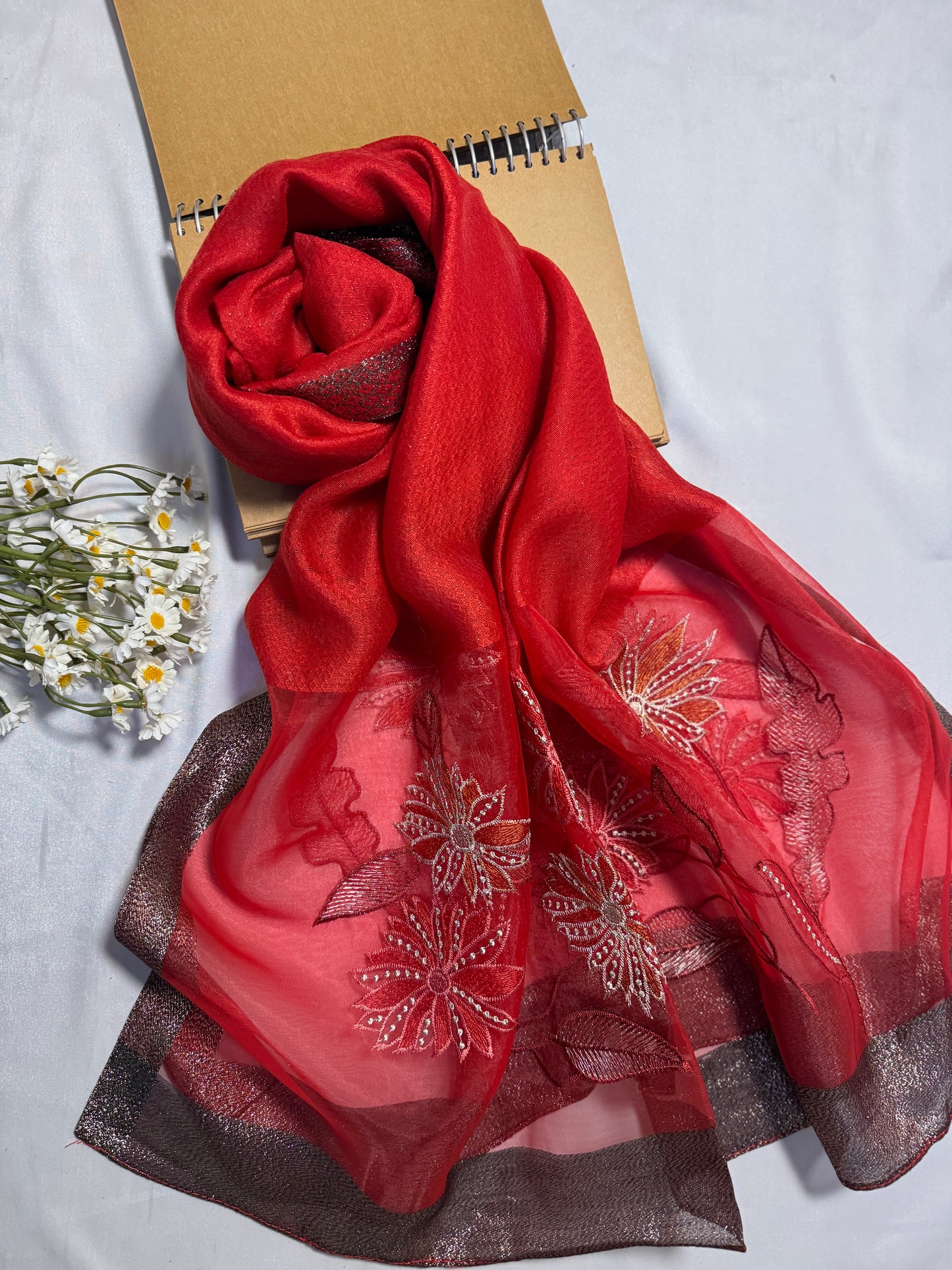 Daffodils Embroidered Organza- Luxury Hijabs- Red