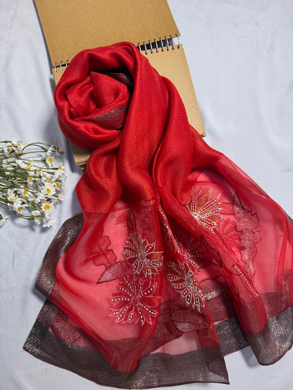 Daffodils Embroidered Organza- Luxury Hijabs- Red