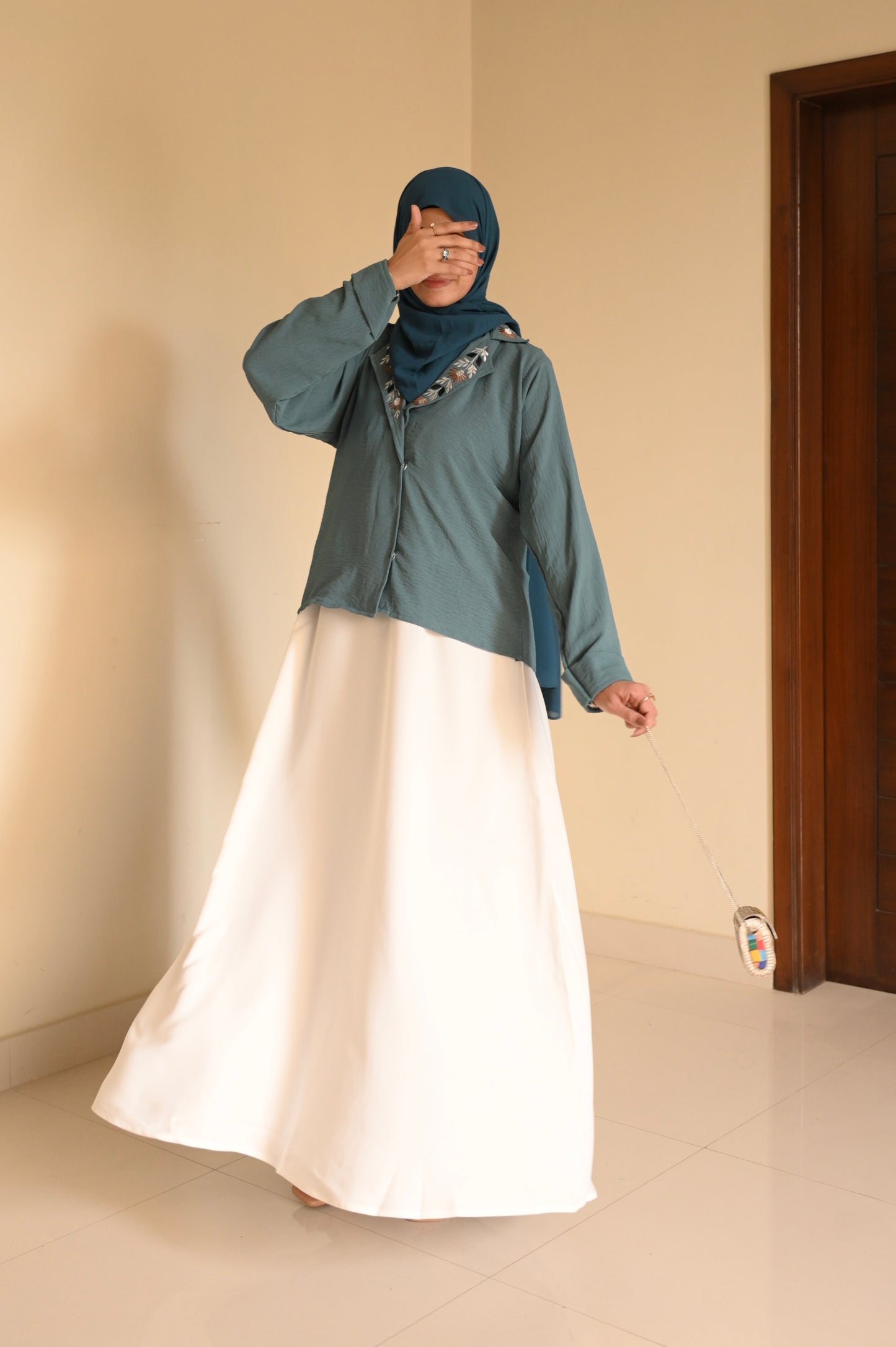 Whispering Petals-Floral Embroidered Half Jacket- Sea Green
