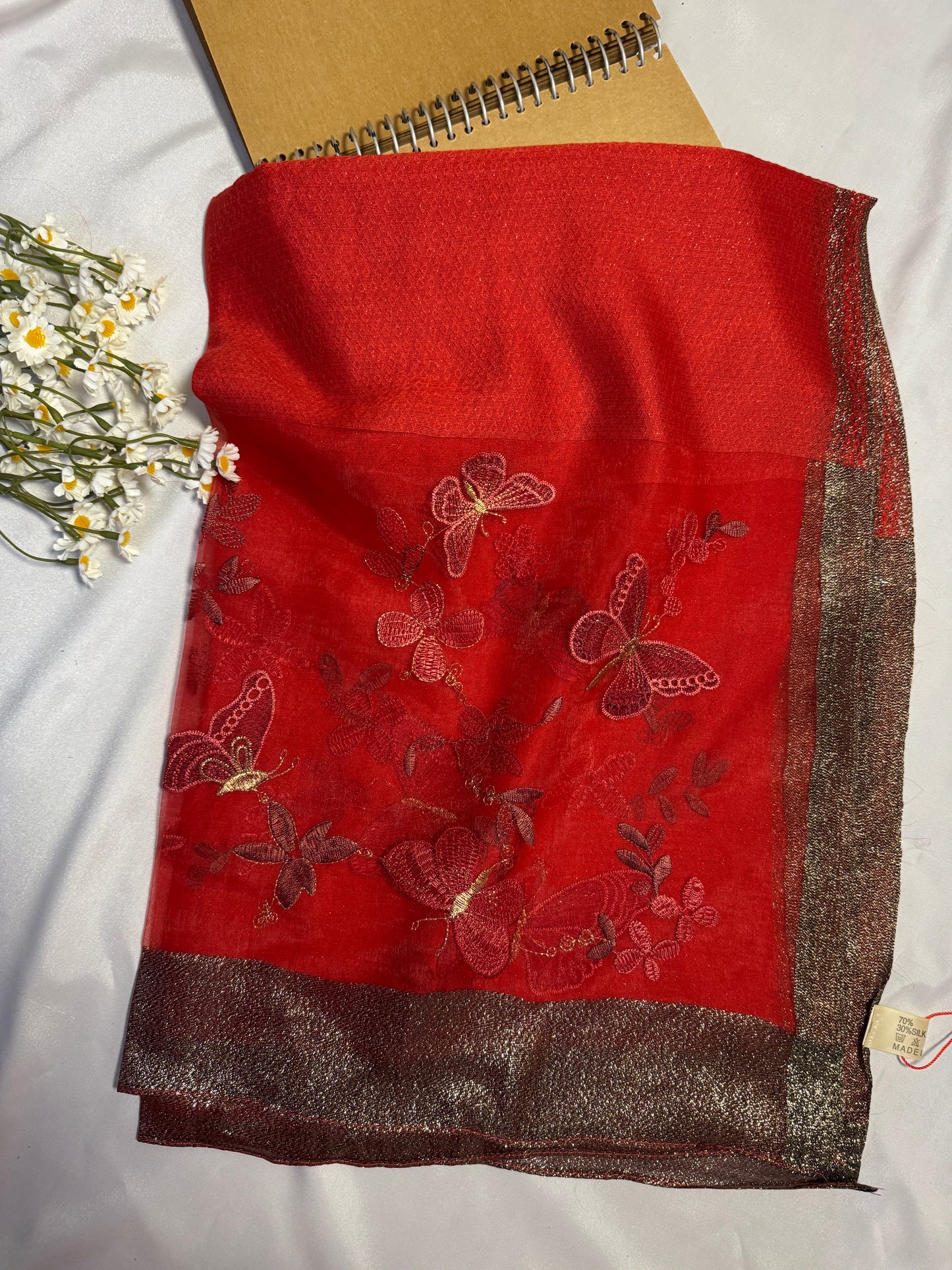 Butterfly Embroidered Organza- Luxury Hijabs- Red