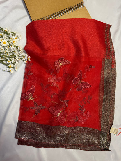 Butterfly Embroidered Organza- Luxury Hijabs- Red