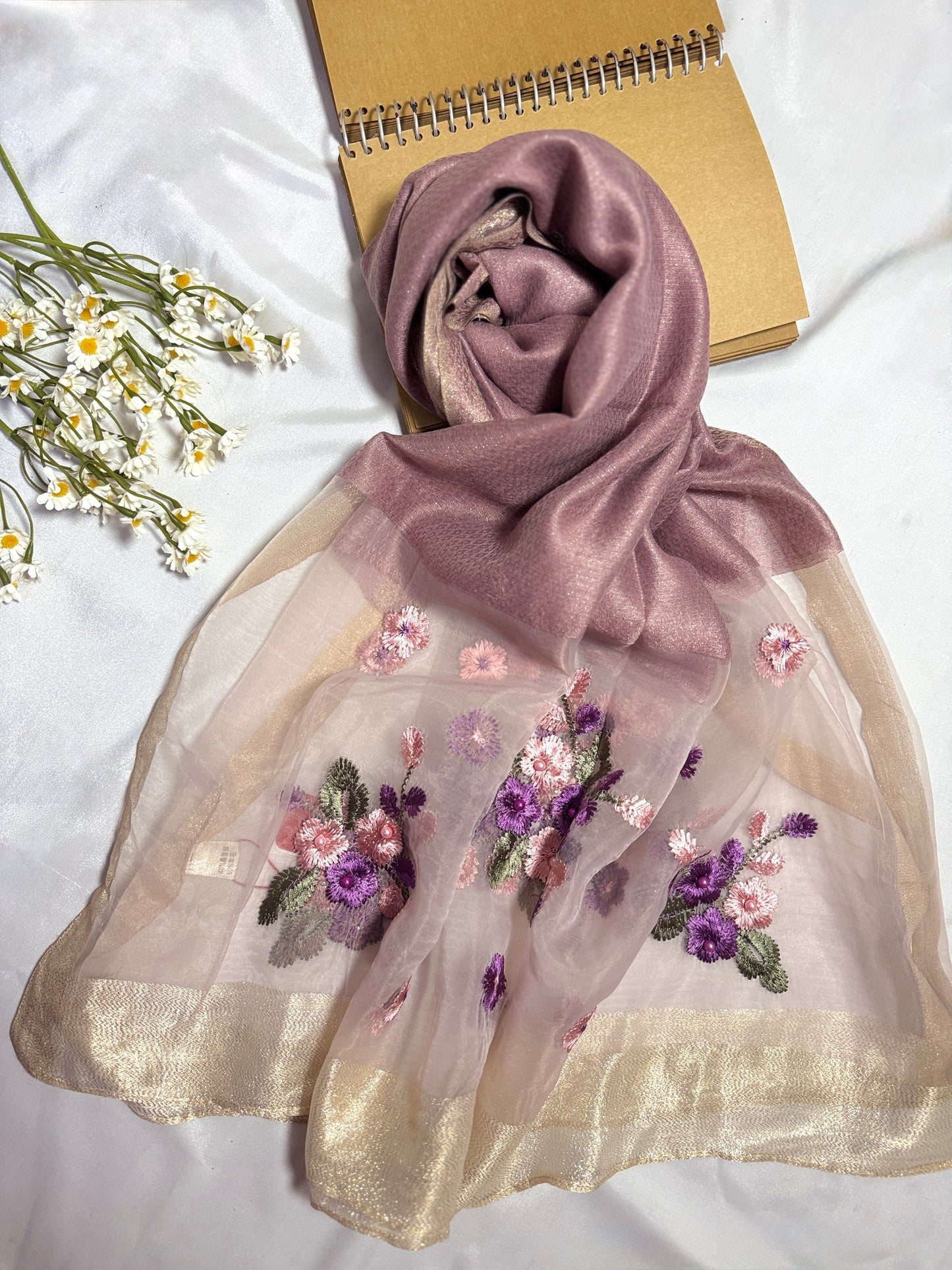 Pearl Floral Embroidered Organza- Luxury Hijabs- Lilac Muave