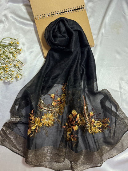 Sequins Floral Embroidered Organza- Luxury Hijabs- Black