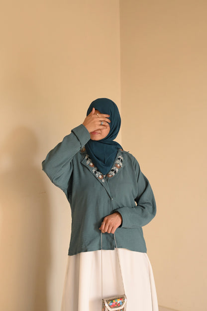 Whispering Petals-Floral Embroidered Half Jacket- Sea Green