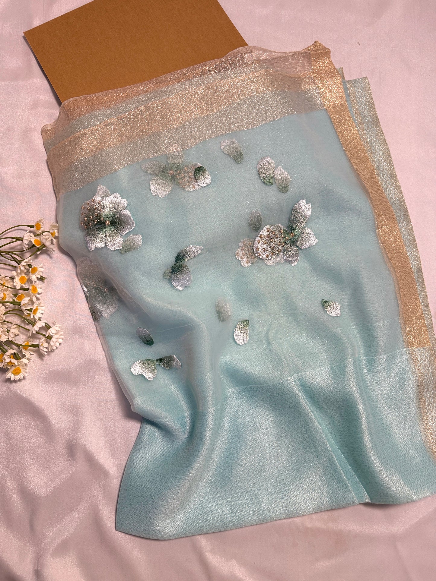 Poppy Flower Embroidered Organza- Luxury Hijabs- Ice Blue