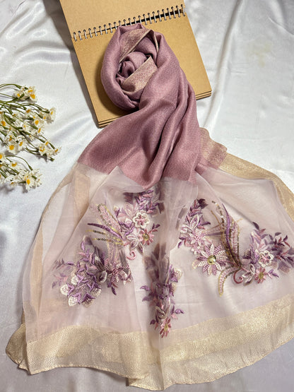Sequins Floral Embroidered Organza- Luxury Hijabs- Muave
