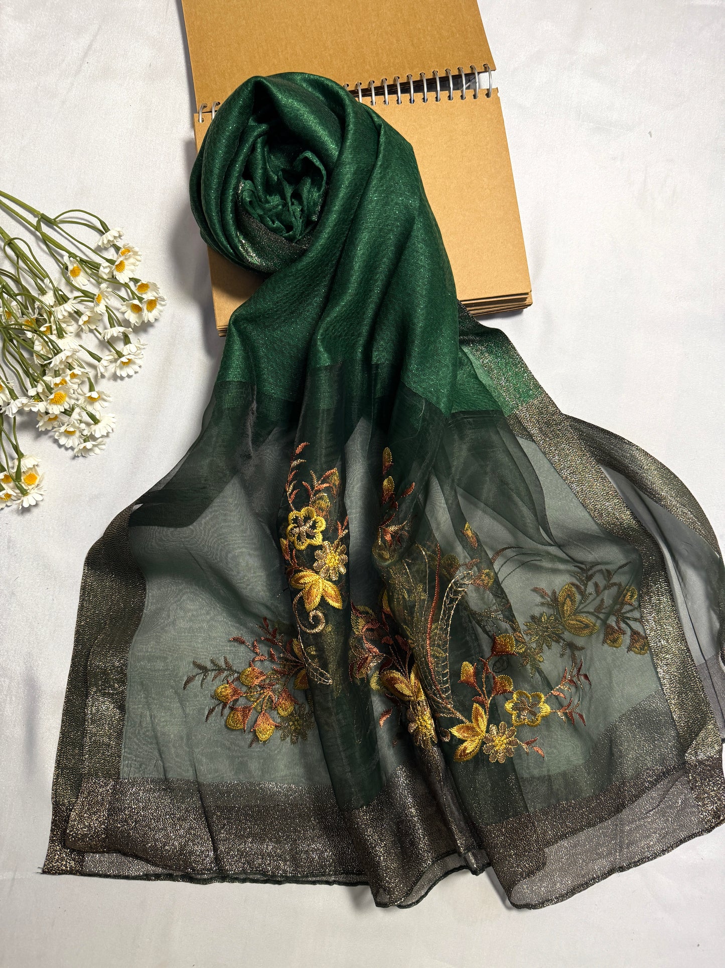 Daffodils Embroidered Organza- Luxury Hijabs- Dark Green
