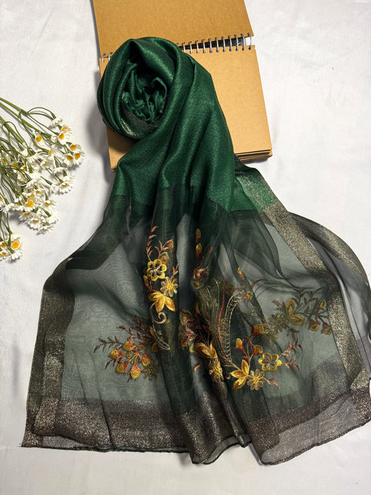 Daffodils Embroidered Organza- Luxury Hijabs- Dark Green