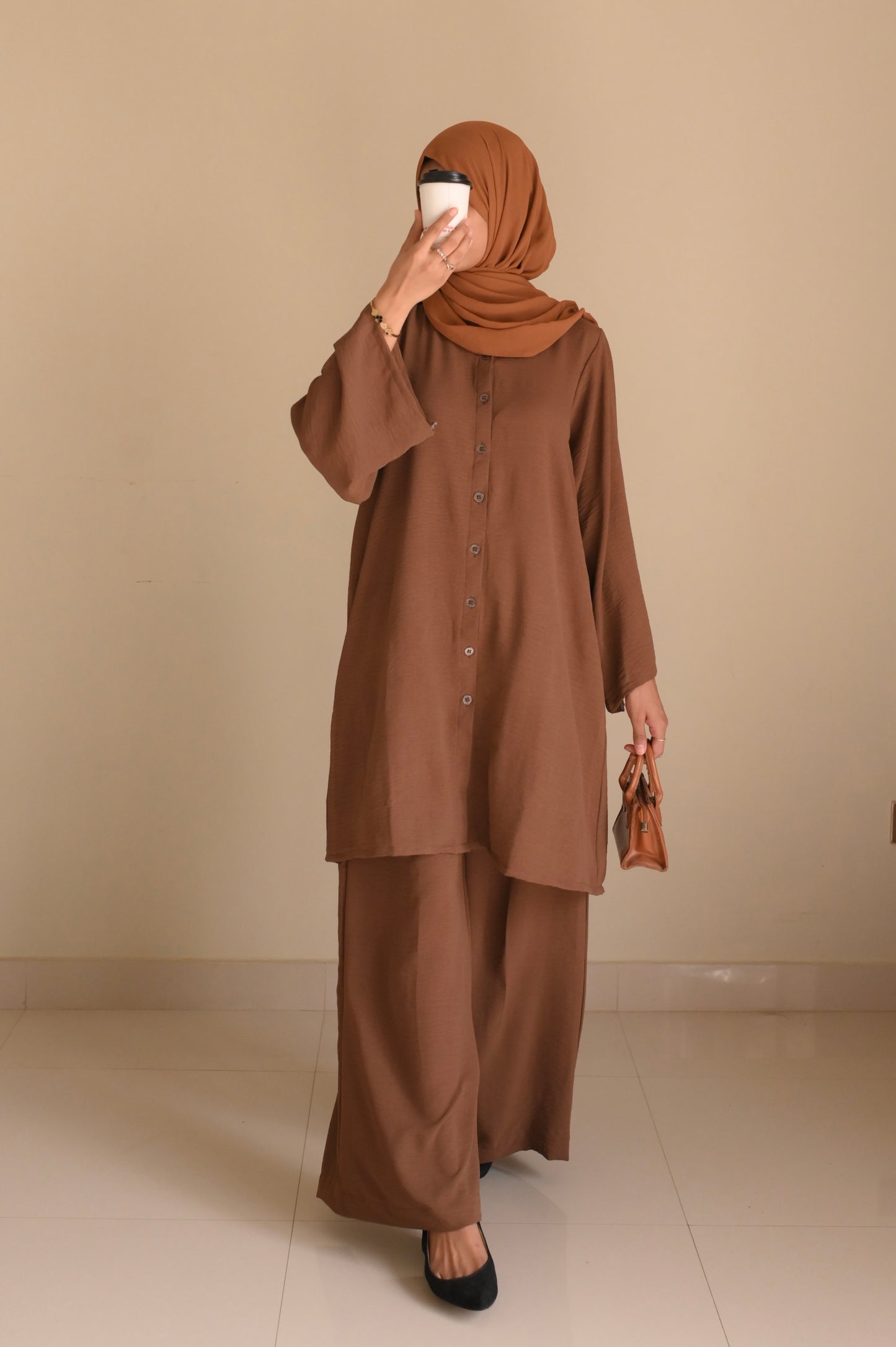 Button Down-Modest Coord Set- Coffee Brown