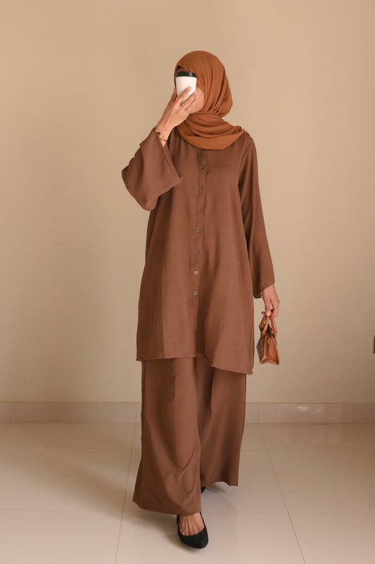 Button Down-Modest Coord Set- Coffee Brown