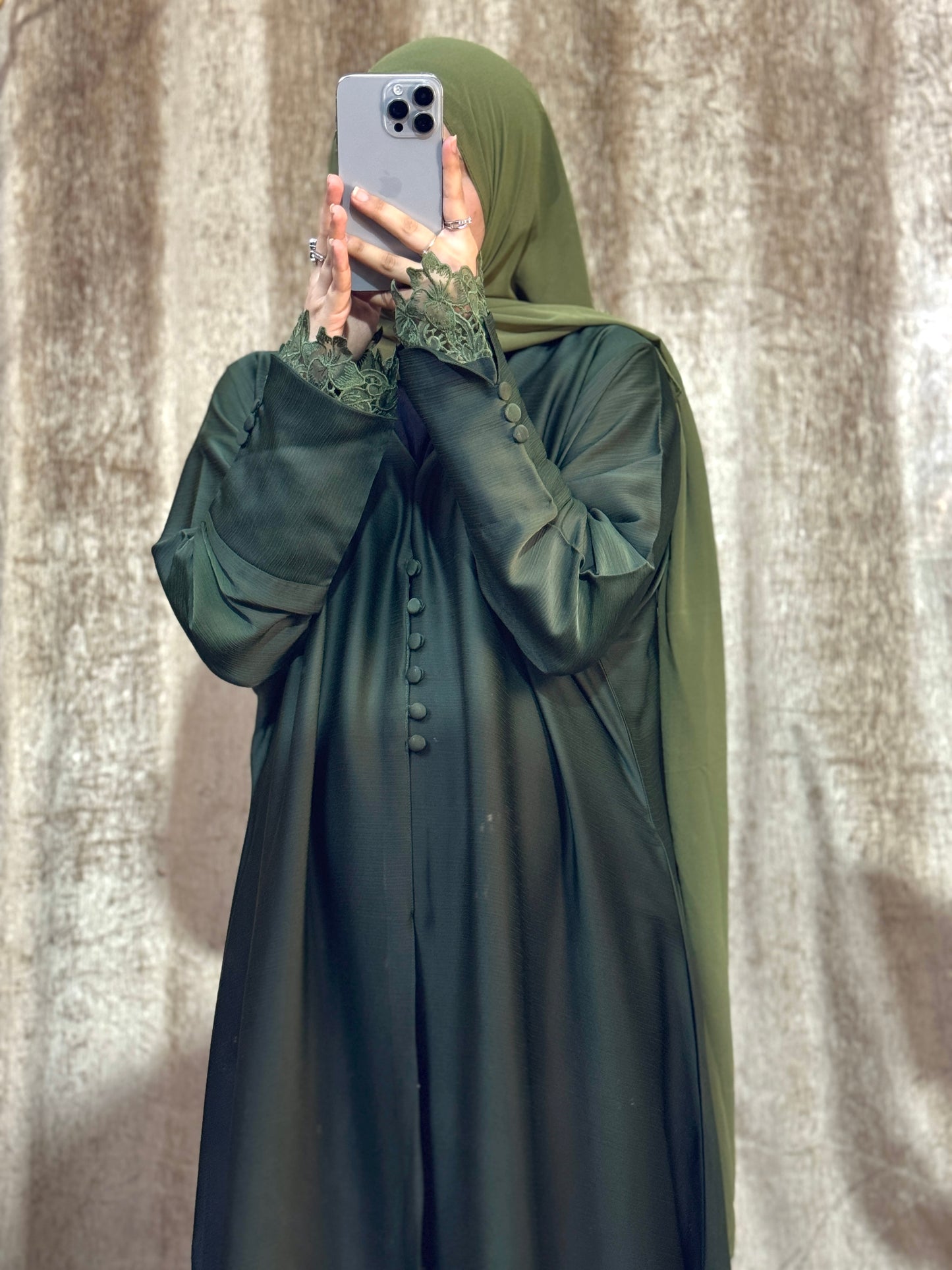 Luxe Olive Coat Abaya- Romantic Nida
