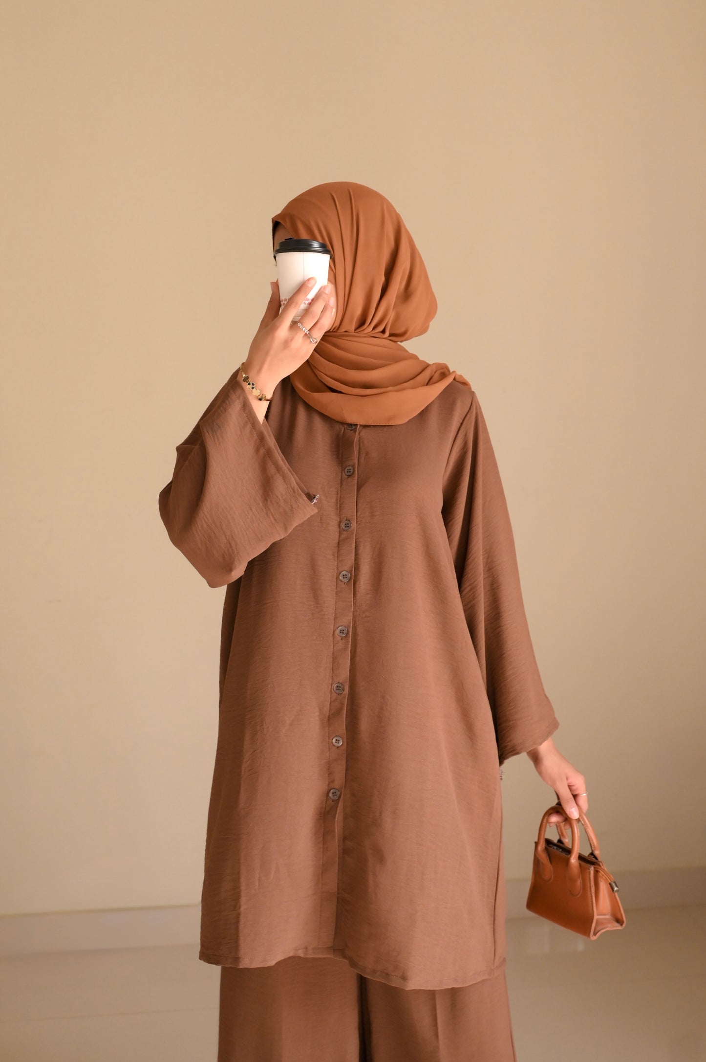Button Down-Modest Coord Set- Coffee Brown
