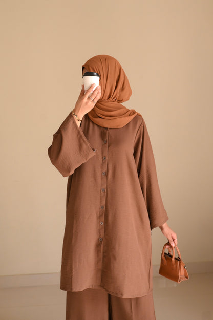 Button Down-Modest Coord Set- Coffee Brown