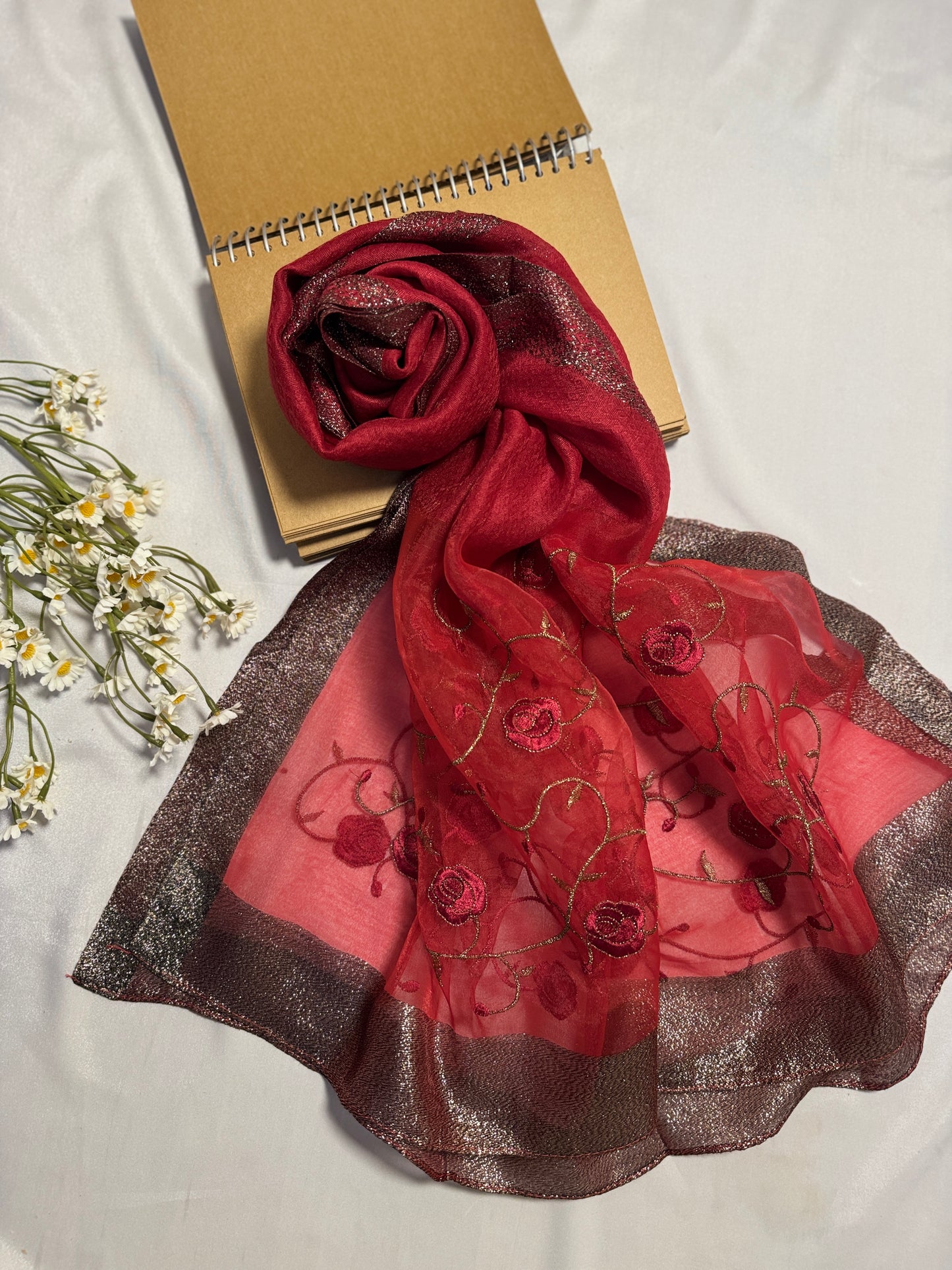 Peony Flowers Embroidered Organza- Luxury Hijabs- Maroon