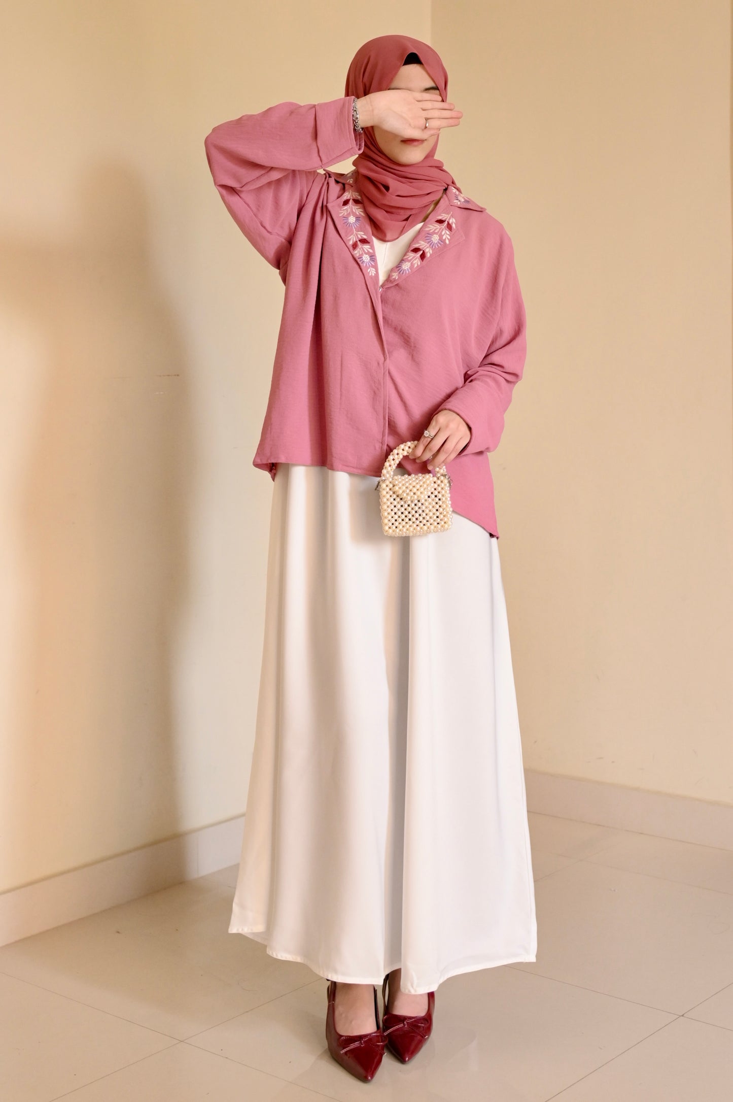 Whispering Petals-Floral Embroidered Half Jacket-  Pink