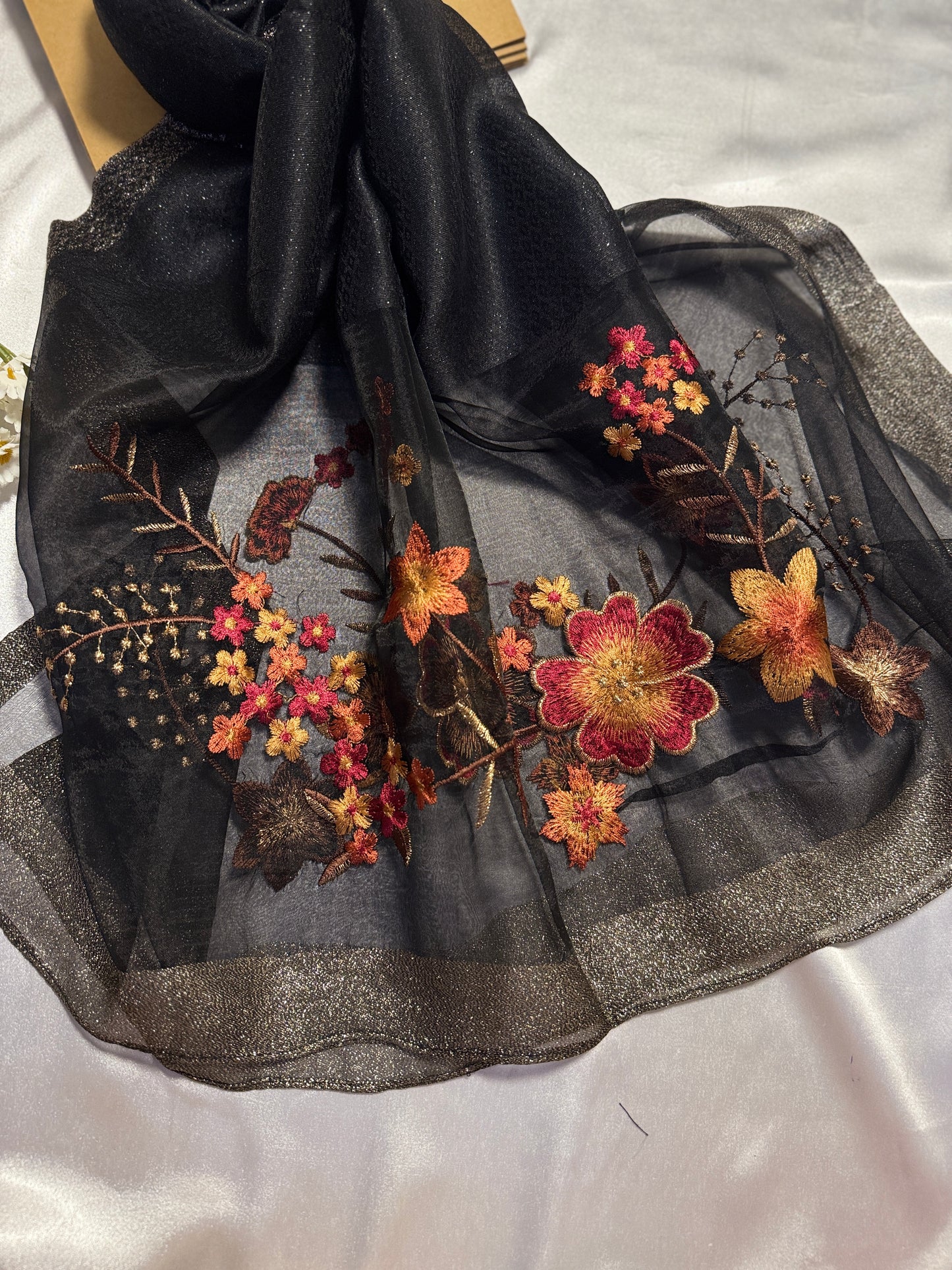 Rose Embroidered Organza- Luxury Hijabs- Black