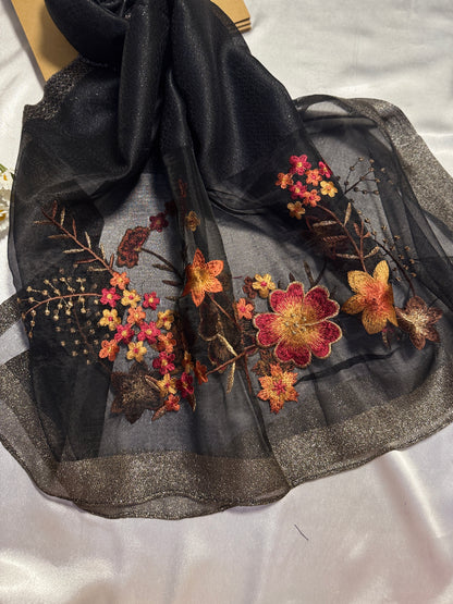 Rose Embroidered Organza- Luxury Hijabs- Black