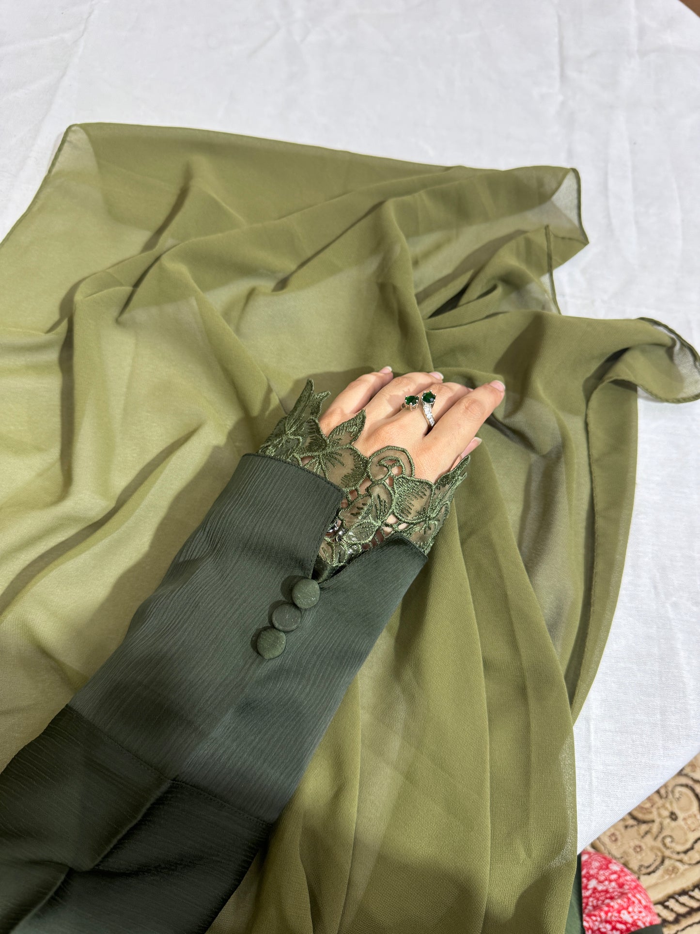 Luxe Olive Coat Abaya- Romantic Nida