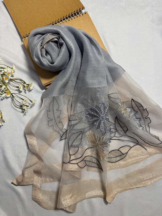 Daffodils Embroidered Organza- Luxury Hijabs- Silver