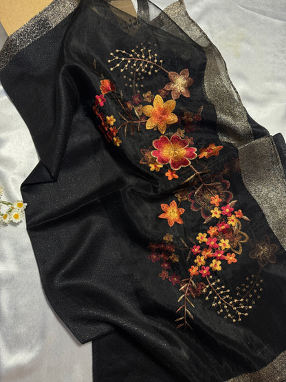 Rose Embroidered Organza- Luxury Hijabs- Black
