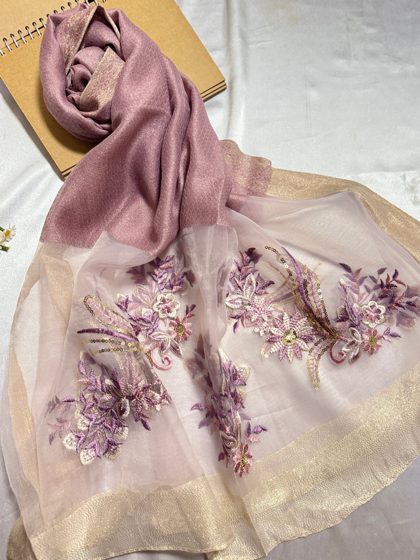 Sequins Floral Embroidered Organza- Luxury Hijabs- Muave