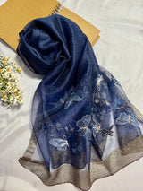 Butterfly Embroidered Organza- Luxury Hijabs- Navy Blue