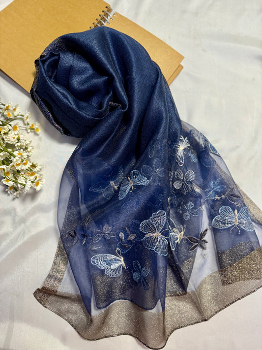 Butterfly Embroidered Organza- Luxury Hijabs- Navy Blue