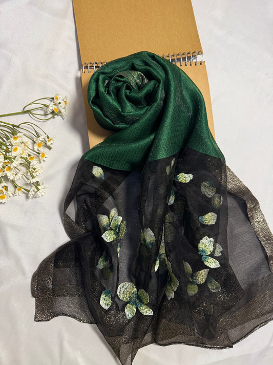 Poppy Flower Embroidered Organza- Luxury Hijabs- Black Green