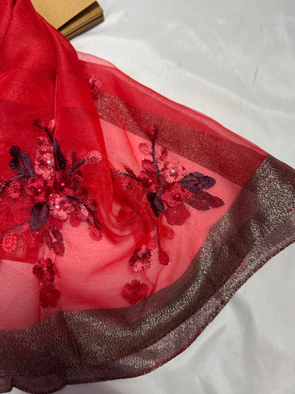 Pearl Floral Embroidered Organza- Luxury Hijabs- Red