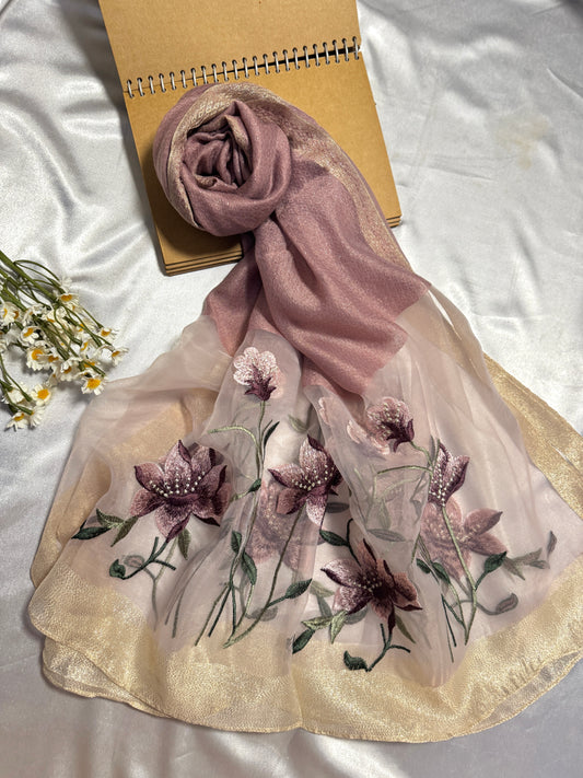 Lilies Embroidered Organza- Luxury Hijabs- Lilac Muave