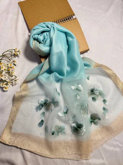 Poppy Flower Embroidered Organza- Luxury Hijabs- Ice Blue
