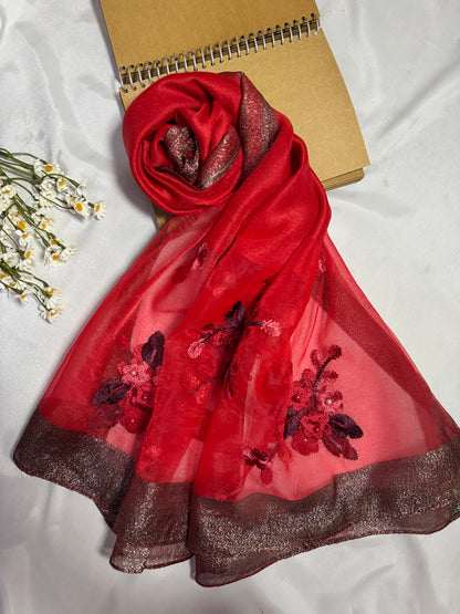Pearl Floral Embroidered Organza- Luxury Hijabs- Red