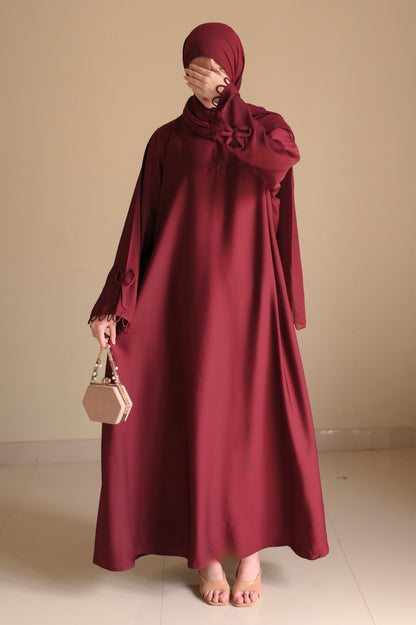 Elysian Bow Sleeve Nida Abaya- Deep Maroon