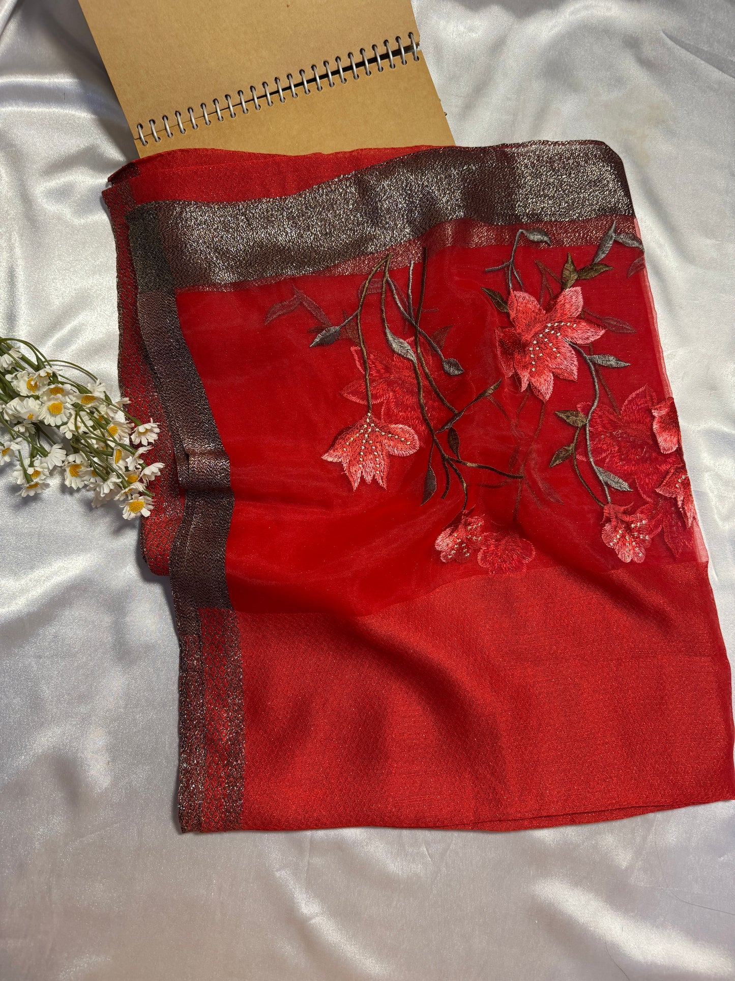 Lilies Embroidered Organza- Luxury Hijabs- Red