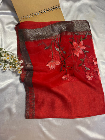 Lilies Embroidered Organza- Luxury Hijabs- Red