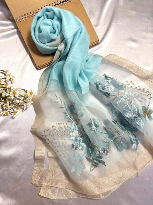Rose Embroidered Organza- Luxury Hijabs- Ice Mint